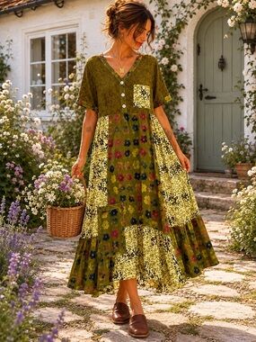 Mirror Image Boho Patchwork Maxi Dress Olive Lagenlook Festival Large